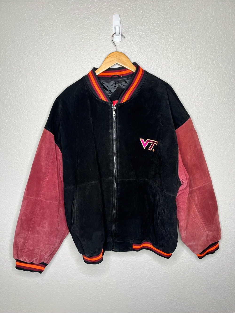 Vintage Virginia Tech Hokies Suede Leather Bomber Jacket XXL VT Varsity Coat 2XL - Picture 2 of 13